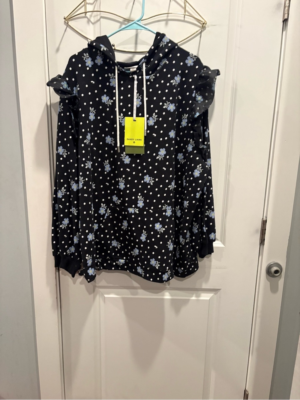 Sandy Liang Black Hoodie with Blue Floral & White Polka Dots